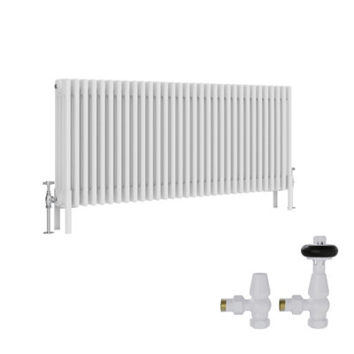 B&Q -  White Traditional 4 Column Radiator Horizontal Cast Iron Style 600X1460mm With Antique Design Angled Trv Valves