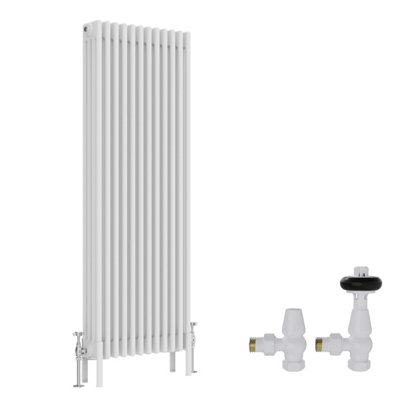 B&Q -  White Traditional 4 Column Radiator Vertical Cast Iron Style 1500X560mm With Antique Design Angled Trv Valves