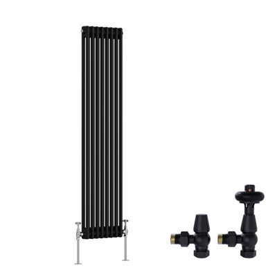 B&Q -  Black Traditional 2 Column Radiator Vertical Cast Iron Style 1500X380mm With Antique Design Angled Trv Valves