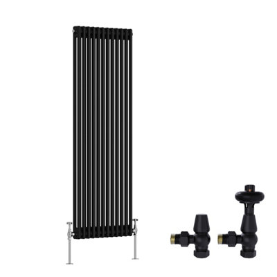 B&Q -  Black Traditional 2 Column Radiator Vertical Cast Iron Style 1500X560mm With Antique Design Angled Trv Valves