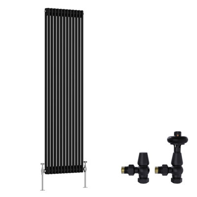 B&Q -  Black Traditional 2 Column Radiator Vertical Cast Iron Style 1800X560mm With Antique Design Angled Trv Valves