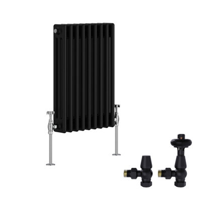 B&Q -  Black Traditional 3 Column Radiator Horizontal Cast Iron Style 600X427mm With Antique Design Angled Trv Valves