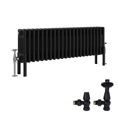 B&Q -  Black Traditional 4 Column Radiator Horizontal Cast Iron Style 300X1010mm With Antique Design Angled Trv Valves