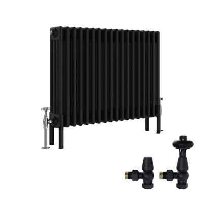 B&Q -  Black Traditional 4 Column Radiator Horizontal Cast Iron Style 600X830mm With Antique Design Angled Trv Valves