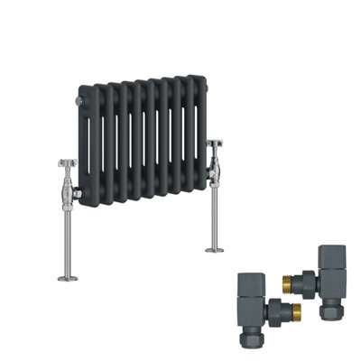 B&Q -  Anthracite Traditional 2 Column Radiator Horizontal Cast Iron Style 300X425mm With Square Head Angled Valves