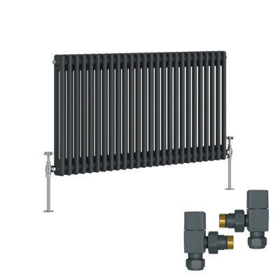 B&Q -  Anthracite Traditional 2 Column Radiator Horizontal Cast Iron Style 600X1190mm With Square Head Angled Valves