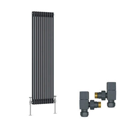 B&Q -  Anthracite Traditional 2 Column Radiator Vertical Cast Iron Style 1500X470mm With Square Head Angled Valves