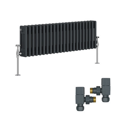B&Q -  Anthracite Traditional 3 Column Radiator Horizontal Cast Iron Style 300X1012mm With Square Head Angled Valves