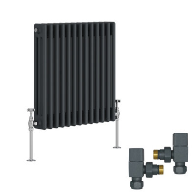 B&Q -  Anthracite Traditional 3 Column Radiator Horizontal Cast Iron Style 600X607mm With Square Head Angled Valves