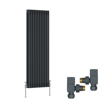 B&Q -  Anthracite Traditional 3 Column Radiator Vertical Cast Iron Style 1500X562mm With Square Head Angled Valves