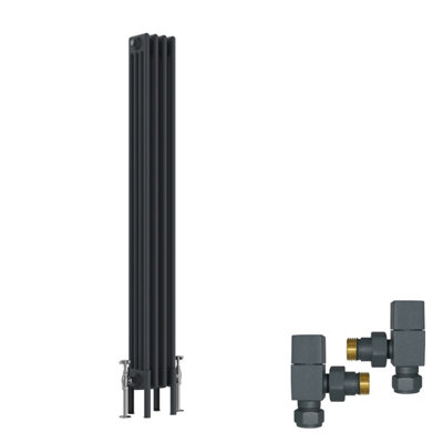B&Q -  Anthracite Traditional 4 Column Radiator Vertical Cast Iron Style 1500X200mm With Square Head Angled Valves