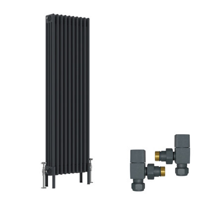 B&Q -  Anthracite Traditional 4 Column Radiator Vertical Cast Iron Style 1500X470mm With Square Head Angled Valves