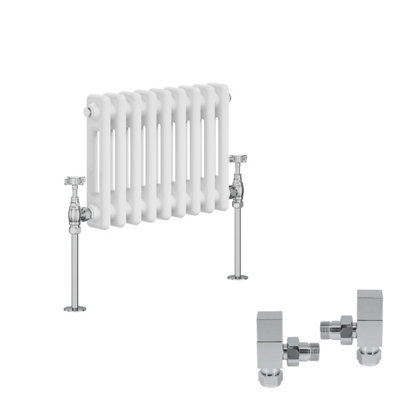 B&Q -  White Traditional 2 Column Radiator Horizontal Cast Iron Style 300X425mm With Square Head Angled Valves