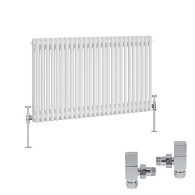 B&Q -  White Traditional 2 Column Radiator Horizontal Cast Iron Style 600X1190mm With Square Head Angled Valves