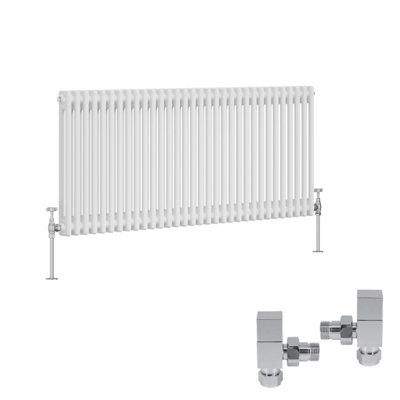B&Q -  White Traditional 2 Column Radiator Horizontal Cast Iron Style 600X1460mm With Square Head Angled Valves