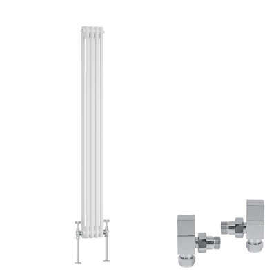 B&Q -  White Traditional 2 Column Radiator Vertical Cast Iron Style 1500X200mm With Square Head Angled Valves