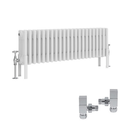 B&Q -  White Traditional 4 Column Radiator Horizontal Cast Iron Style 300X1010mm With Square Head Angled Valves