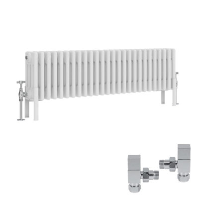 B&Q -  White Traditional 4 Column Radiator Horizontal Cast Iron Style 300X1190mm With Square Head Angled Valves