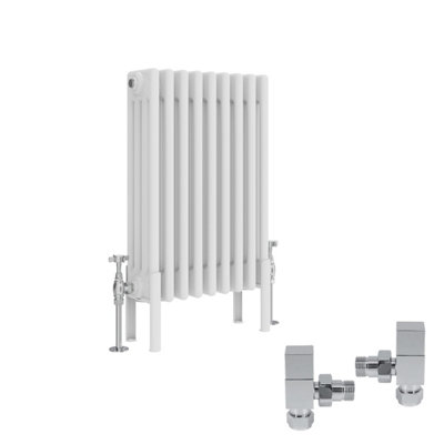 B&Q -  White Traditional 4 Column Radiator Horizontal Cast Iron Style 600X425mm With Square Head Angled Valves