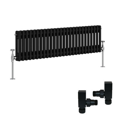 B&Q -  Black Traditional 2 Column Radiator Horizontal Cast Iron Style 300X1190mm With Square Head Angled Valves