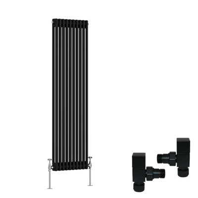 B&Q -  Black Traditional 2 Column Radiator Vertical Cast Iron Style 1500X470mm With Square Head Angled Valves