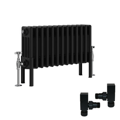 B&Q -  Black Traditional 4 Column Radiator Horizontal Cast Iron Style 300X605mm With Square Head Angled Valves