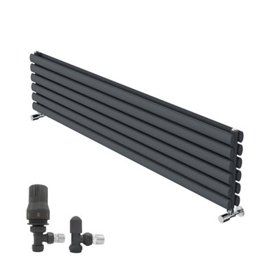 B&Q -  1600X354mm Horizontal Vertical Oval Column Designer Radiator Double Panel Anthracite+Angled Trv & Lockshield Valve