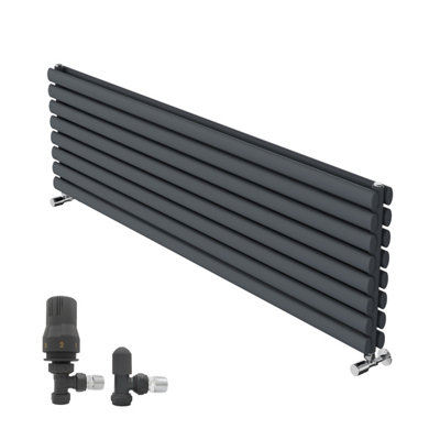 B&Q -  1600X472mm Horizontal Vertical Oval Column Designer Radiator Double Panel Anthracite+Angled Trv & Lockshield Valve