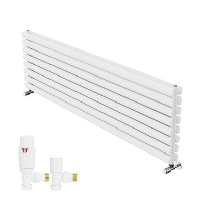 B&Q -  1600X472mm Horizontal Vertical Oval Column Designer Radiator Double Panel White+Angled Trv & Lockshield Valve