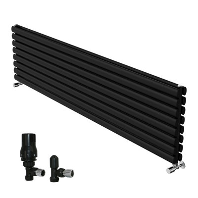 B&Q -  1800X472mm Horizontal Vertical Oval Column Designer Radiator Double Panel Black+Angled Trv & Lockshield Valve