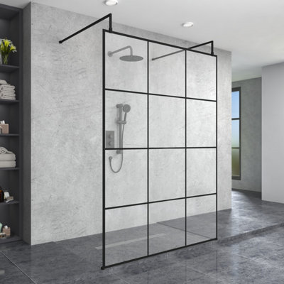 Sundaze Black 1400Mm Grid Walk Through Wet Room Shower Enclosure Screen 8Mm Tempered Glass With Support Arm Size 2