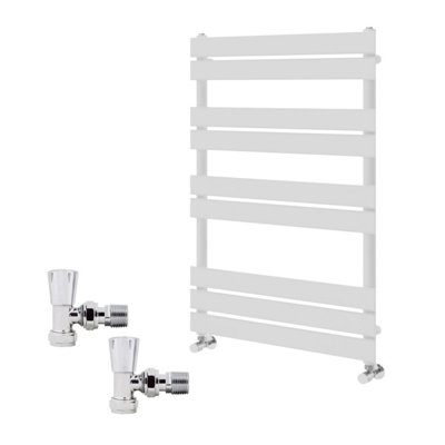 B&Q -  1000X600mm White Flat Panel Heated Towel Rail Radiator With Angled Lockshield Valves
