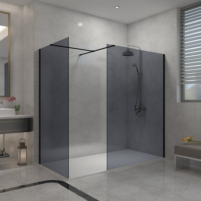 Sundaze Matt Black 8mm Walk In Shower Enclosure Wet Room Grey Glass Screen 800mm & 1000mm With 1500X1000mm White Shower Tray from B&Q