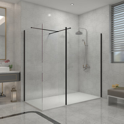 Sundaze Matt Black Walk In Wet Room Shower Enclosure 1000mm & 700mm & 215mm Flipper Panel With 1800X700mm White Shower Tray from B&Q