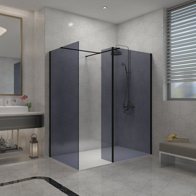 B&Q -  Walk In Wet Room Shower Enclosure Grey Glass 760mm & 700mm & 215mm Flipper Panel With 1400X700mm White Shower Tray