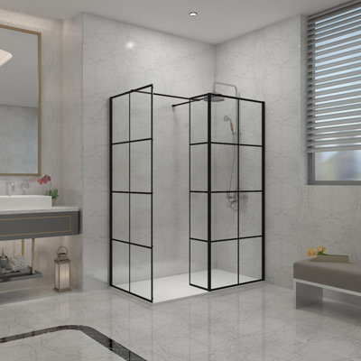 Sundaze Black Grid Walk In Wet Room Shower Enclosure 760mm & 700mm & 215mm Flipper Panel With 1400X700mm White Shower Tray from B&Q