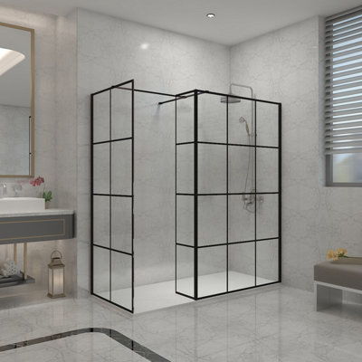 Sundaze Black Grid Walk In Wet Room Shower Enclosure 1100mm & 900mm & 215mm Flipper Panel With 1700X900mm White Shower Tray from B&Q