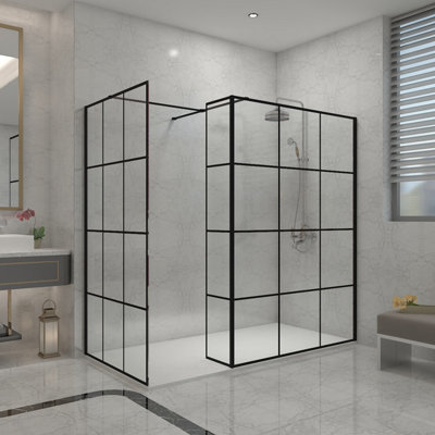 Sundaze Black Grid Walk In Wet Room Shower Enclosure 1400mm & 1000mm & 215mm Flipper Panel With 2000X1000mm White Shower Tray from B&Q