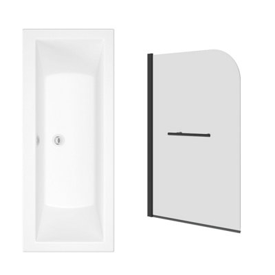 Sundaze 1700 X 750mm Rectangular Shower Bath Tub Double Ended With Curved Pivot Glass Screen Towel Rail Black from B&Q