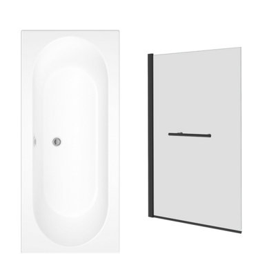 Sundaze 1700 X 700mm Rectangular Shower Bath Double Ended With Pivot Glass Screen Towel Rail Black