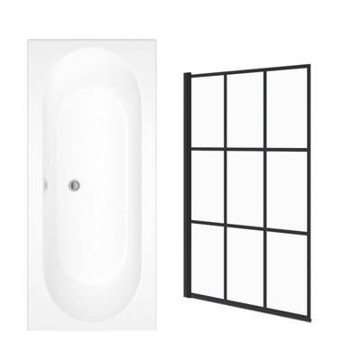 Sundaze 1700 X 700mm Rectangular Shower Bath Double Ended With Black Grid Pivot Glass Screen from B&Q