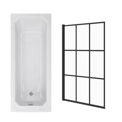 Sundaze 1700 X 700mm Traditional Rectangular Shower Bath With Black Grid Pivot Glass Screen from B&Q