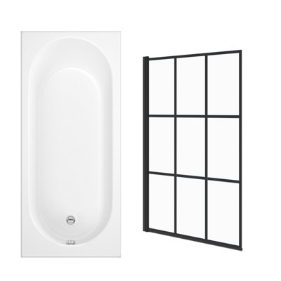 Sundaze 1500 X 700mm Rectangular Shower Bath With Black Grid Pivot Glass Screen