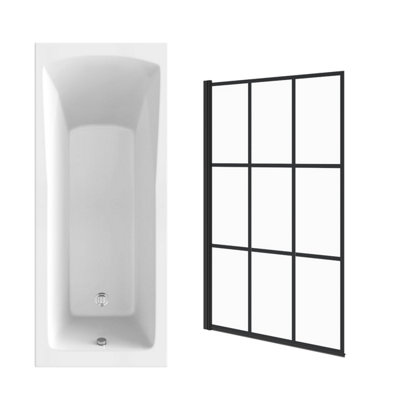 Sundaze 1700 X 750mm Rectangular Shower Bath Tub With Black Grid Pivot Glass Screen from B&Q