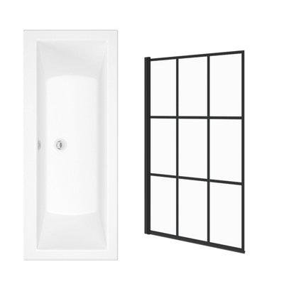 Sundaze 1700 X 750mm Rectangular Shower Bath Tub Double Ended With Black Grid Pivot Glass Screen from B&Q