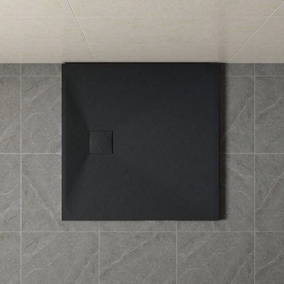 B&Q -  800 X 800mm Smc Black Square Slate Effect Bathroom Shower Tray