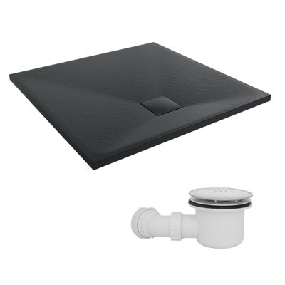 B&Q -  800 X 800mm Smc Black Square Slate Effect Shower Tray With Fluidmaster 90mm Fast Flow Waste