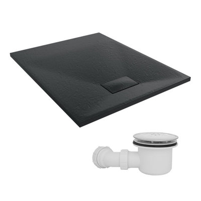 B&Q -  1000 X 800mm Smc Black Rectangle Slate Effect Shower Tray With Fluidmaster 90mm Fast Flow Waste