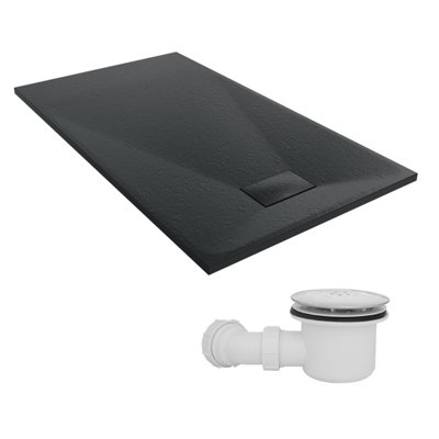 Sundaze 1400 X 800mm Smc Black Rectangle Slate Effect Shower Tray With Fluidmaster 90mm Fast Flow Waste
