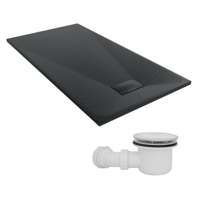 B&Q -  1500 X 800mm Smc Black Rectangle Slate Effect Shower Tray With Fluidmaster 90mm Fast Flow Waste